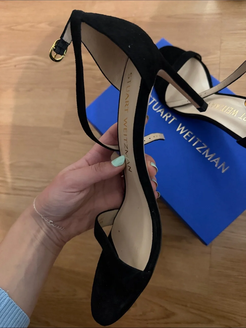Stuart Weitzman Black Suede Ankle-Strap Heels with Gold Buckle